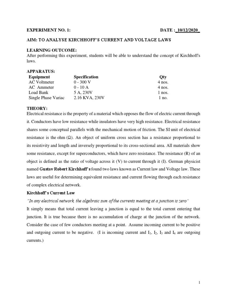 Experiment 1 Kcl Kvl Pdf Series And Parallel Circuits Electrical