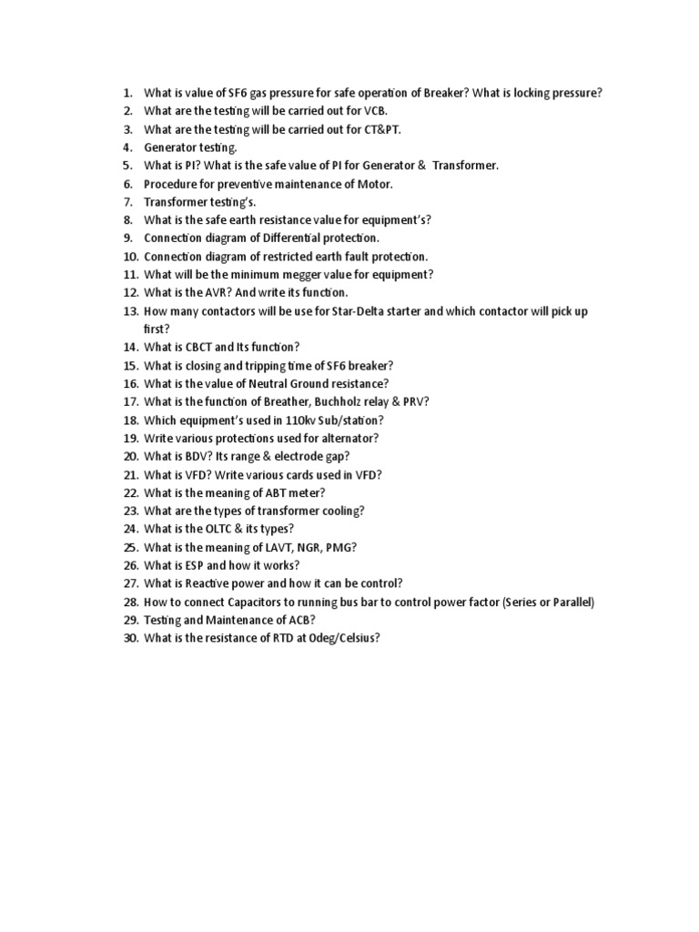 Electrical Interview Questions PDF Equipment Physical Quantities