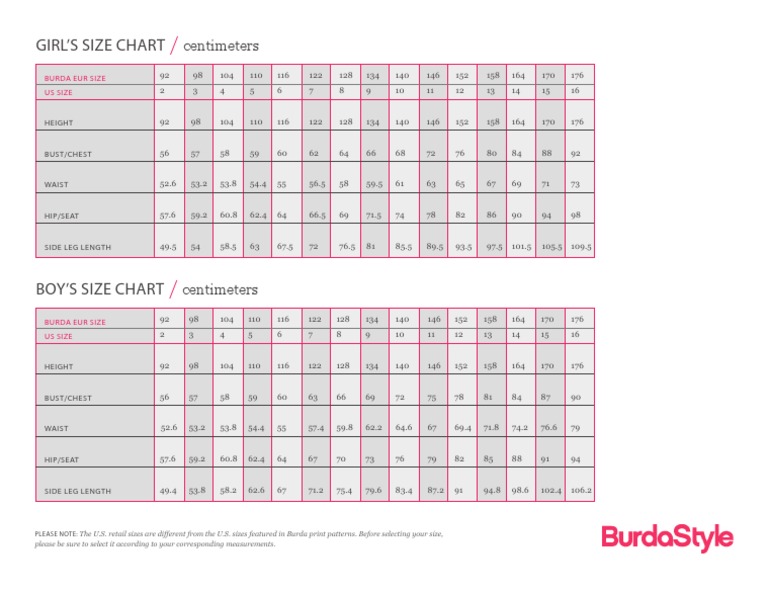 Kids Size Chart for Burda Patterns | PDF | Clothing | Human Appearance