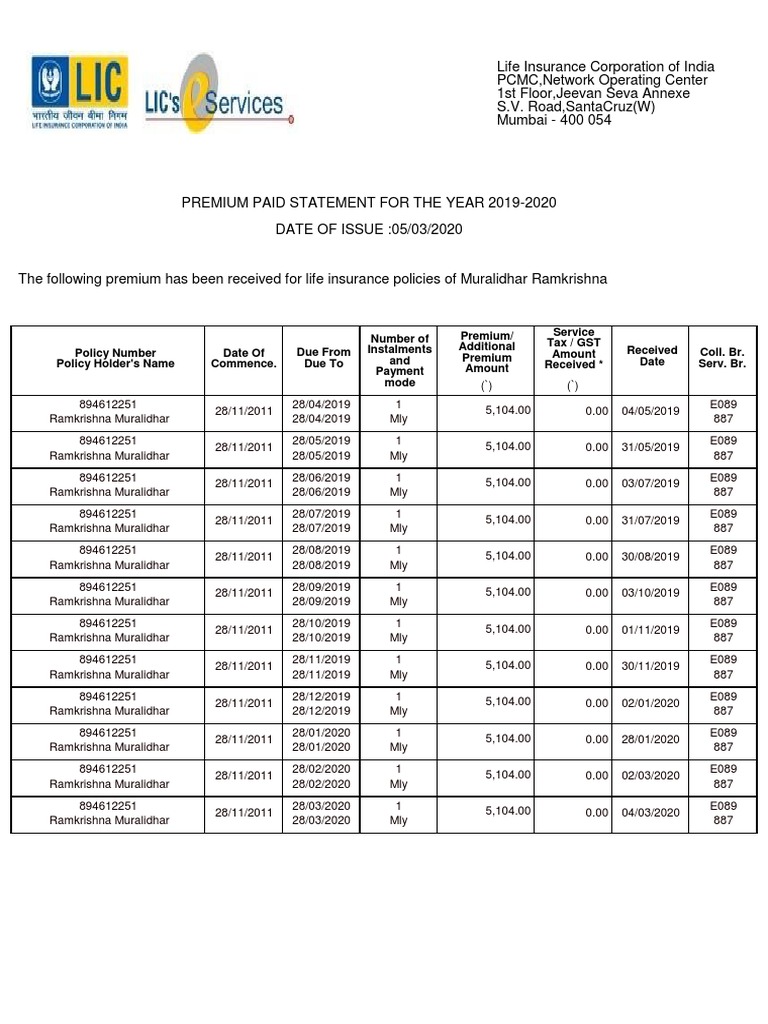 LIC Premium Receipt Statement PDF Insurance Life Insurance