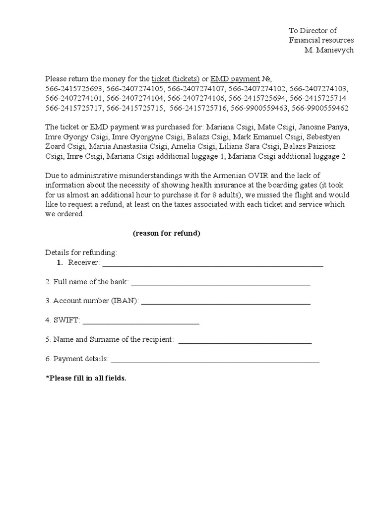 Letter For Refund | PDF