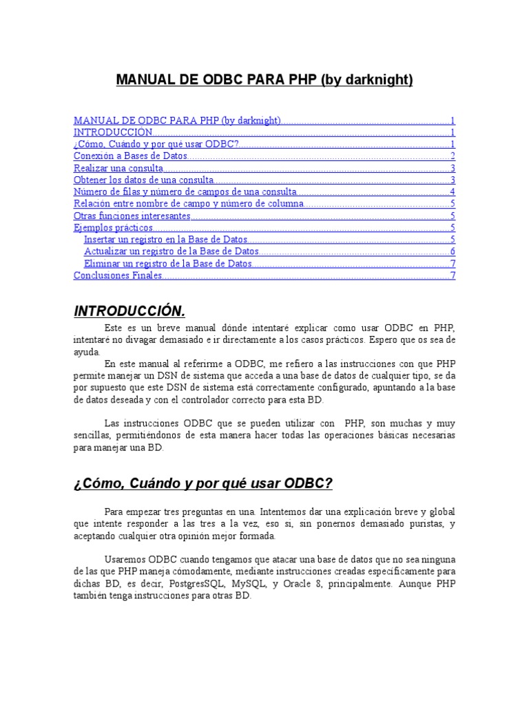 Manual ODBC para PHP: Guía Práctica | PDF | SQL | Bases de datos
