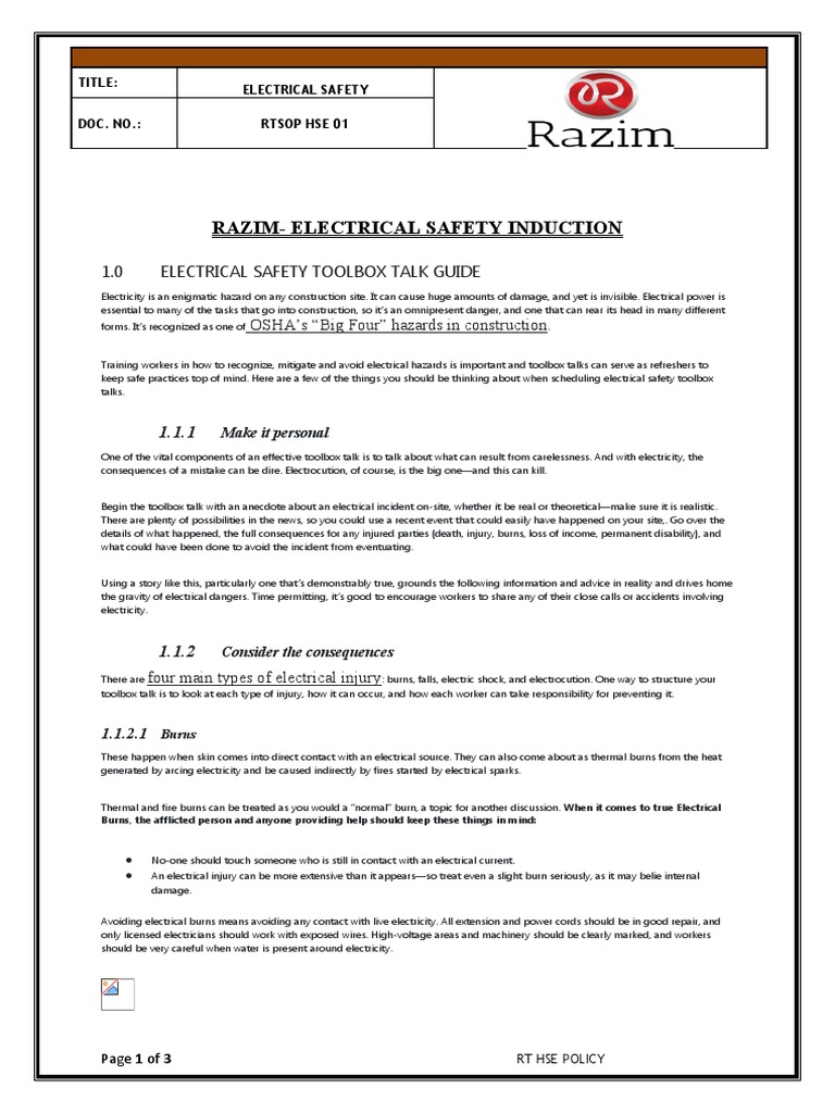 RazimElectrical Safety Induction 1.0 Electrical Safety Toolbox Talk Guide OSHA's "Big Four