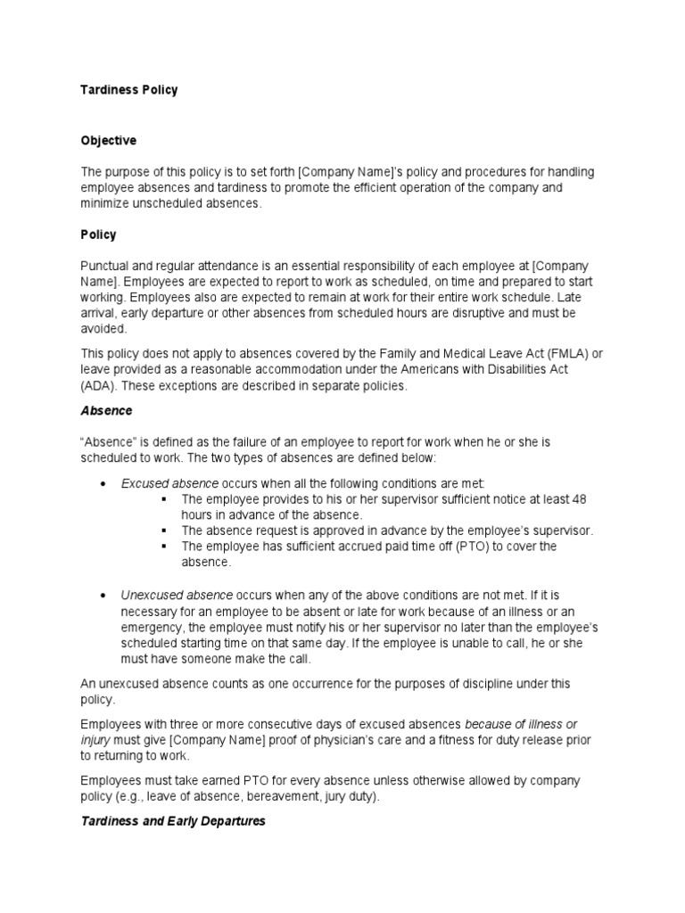 Tardiness Policy PDF Employment Family And Medical Leave Act Of 1993