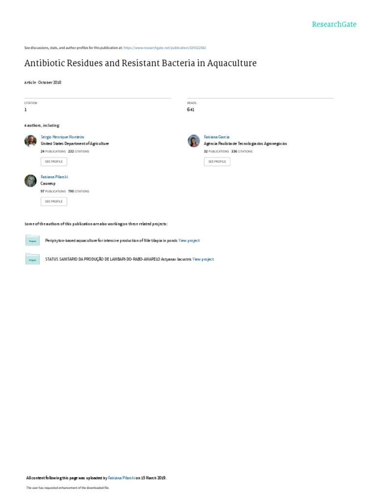 Antibiotic Residues and Resistant Bacteria in Aquaculture, Monteiro Et