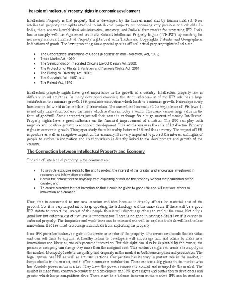 IPR's Role in Economic Development | PDF | Intellectual Property | Monopoly