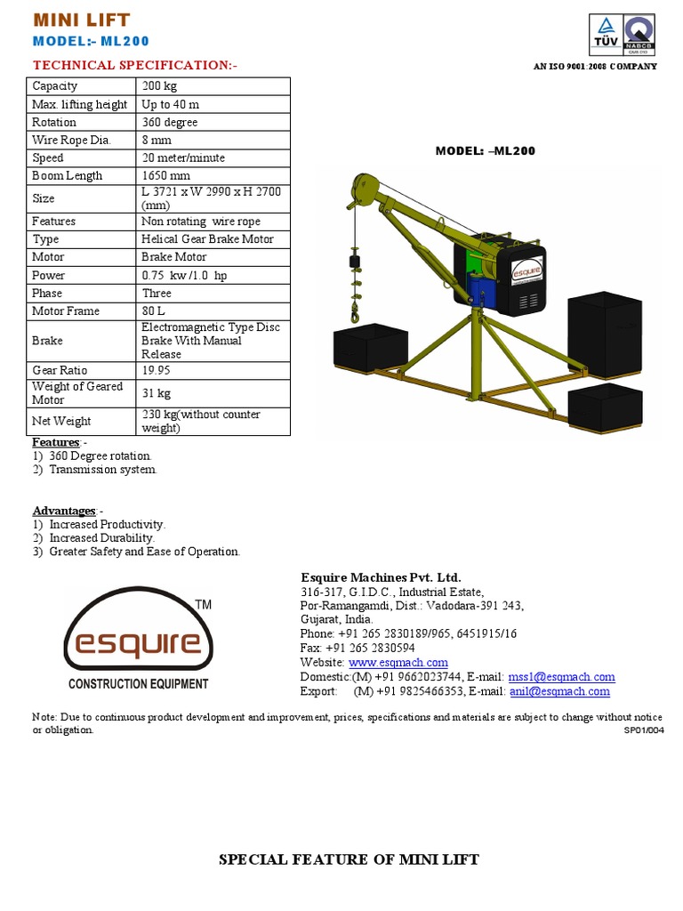 Technical Specification:-: MODEL:-ML200 | PDF | Electric Motor | Gear