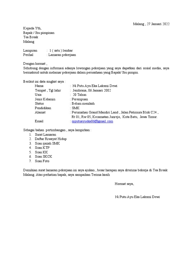 Lamaran Pekerjaan di Cafe Tea Break Malang PDF