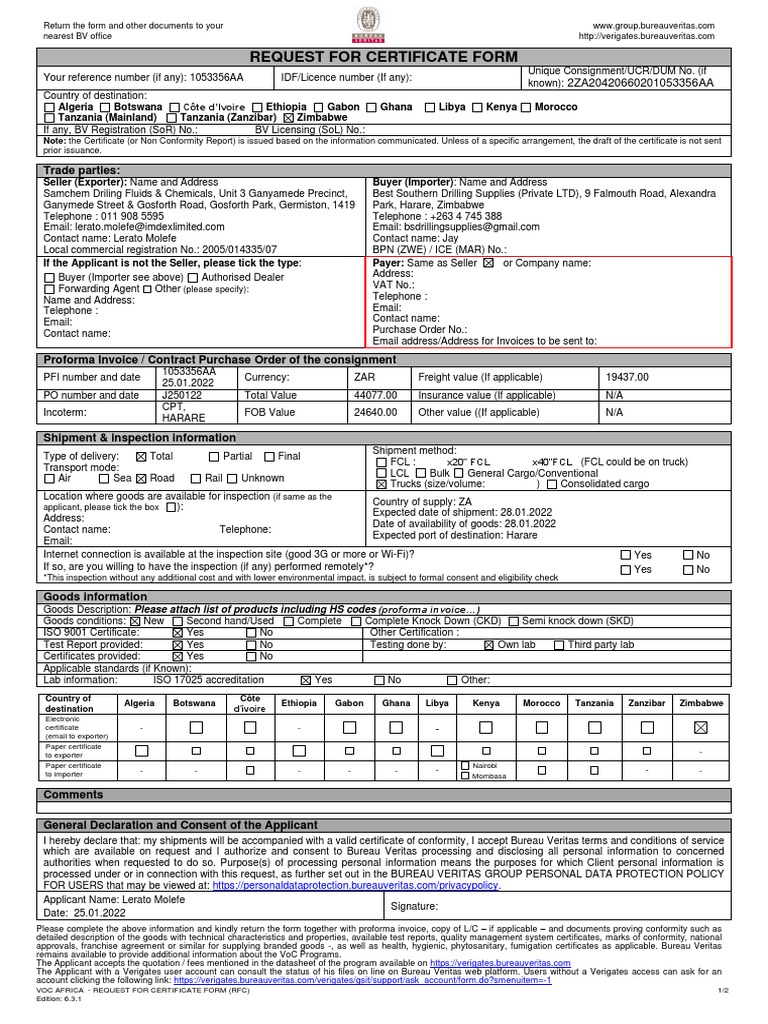 VOC Certificate Request Form Africa | PDF | Cargo | Business