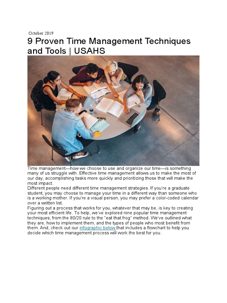 9 Proven Time Management Techniques and Tools USAHS Infographic