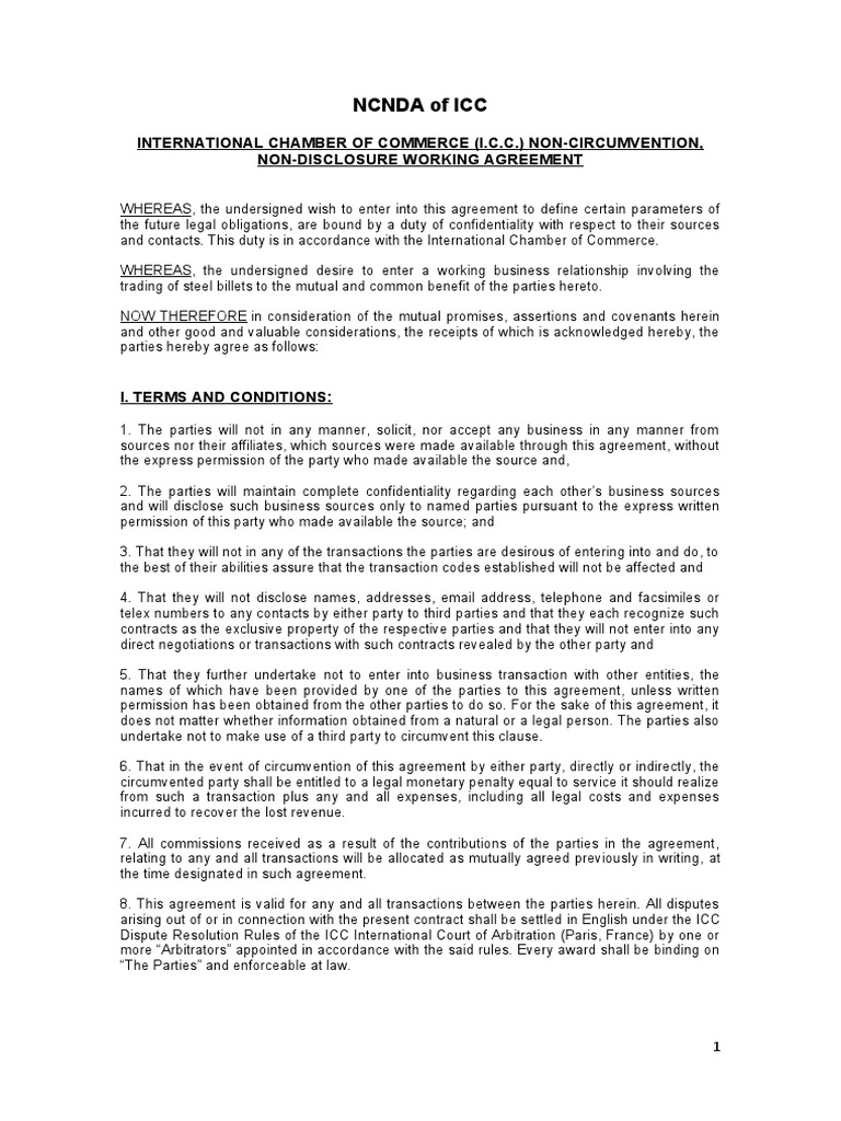NCNDA Agreement Sample  PDF Within non disclosure non circumvention agreement template