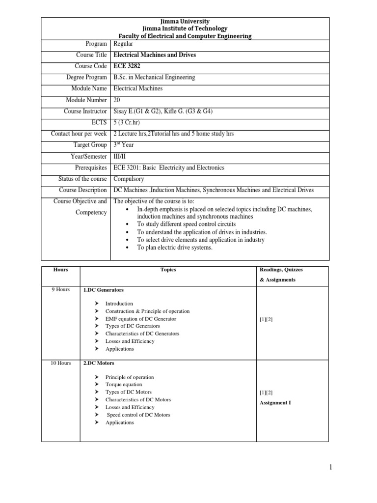 Electrical Machines and Drives Course Outline PDF Electric Motor