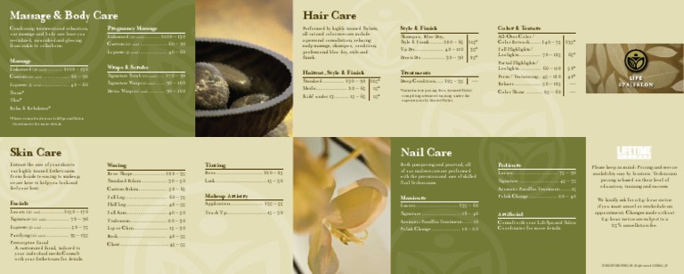 Life Spa Menu | PDF | Integumentary System | Human Appearance