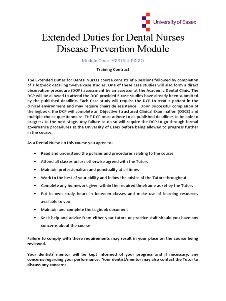 Extended Duties For Dental Nurses Disease Prevention Module Module Code HS3164PSSO PDF