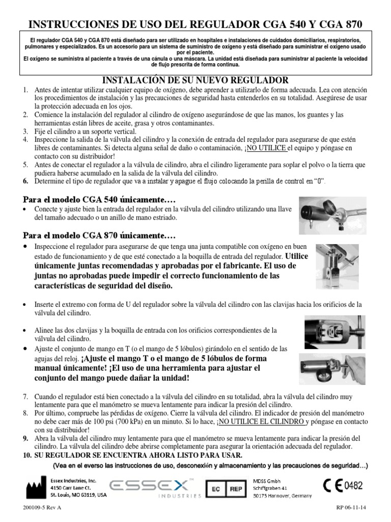 Regulador O2 CGA 540 870 Reg Inst. For Use Spanish | PDF | Oxígeno ...