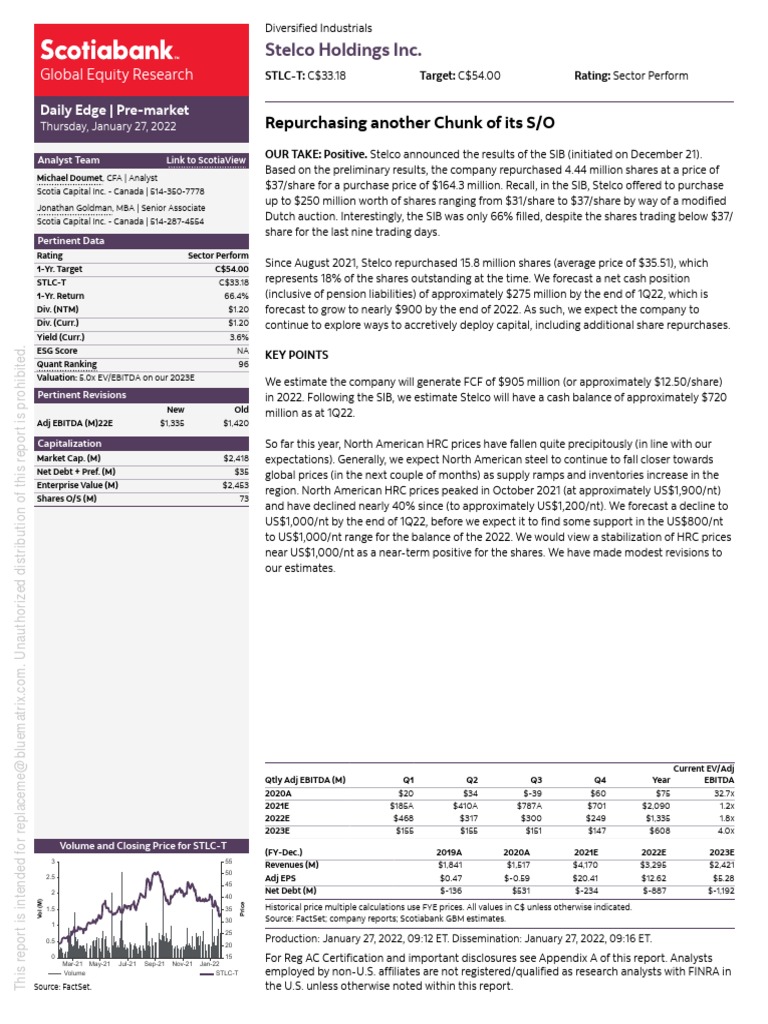 Stelco Holdings Inc. Repurchasing Another Chunk of Its S/O PDF Financial Analyst