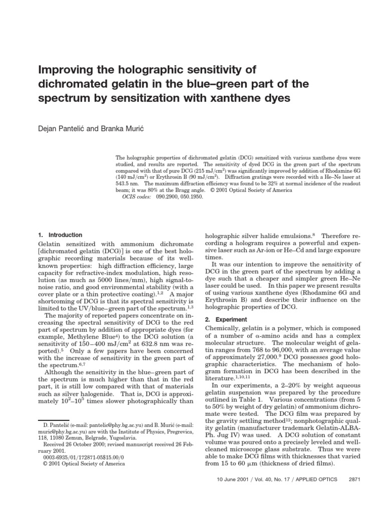 Improving Dichromated Gelatin Sensitivity PDF Holography Diffraction
