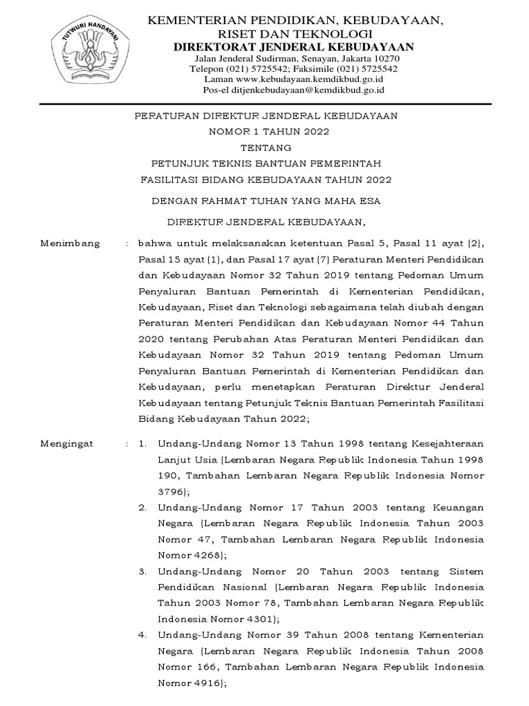 Peraturan Dirjen Nomor 1 Tahun 2022 - Fasilitasi Bidang Kebudayaan 2 | PDF