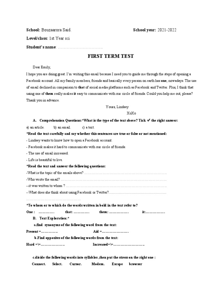 First Term Test 1st Year | PDF | Facebook | Mass Media