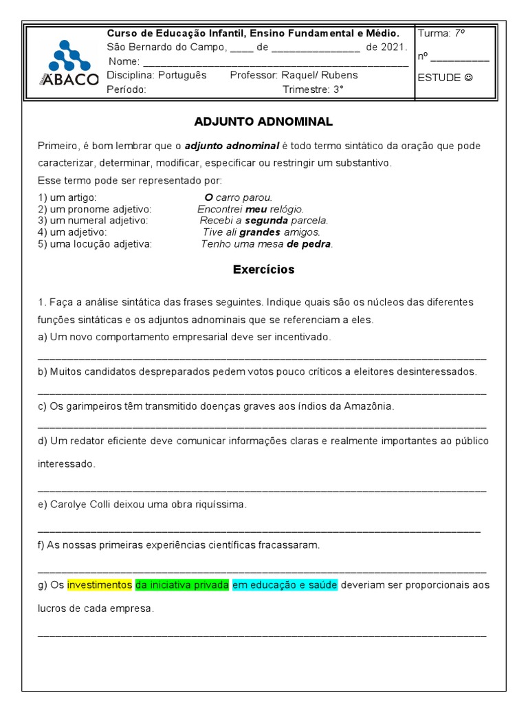 Ficha ADJUNTO ADNOMINAL X COMPLEMENTO NOMINAL 2021 (7° Ano) | PDF ...
