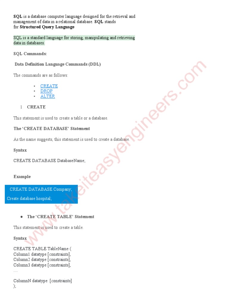 SQL Commands - Docx - Watermark | PDF | Table (Database) | Relational ...