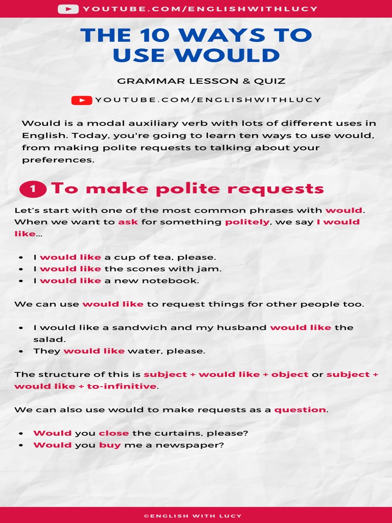 The 10 Ways To Use Would: To Make Polite Requests | PDF | Verb ...