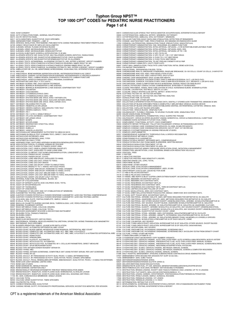 TOP 1000 CPT® CODES For PEDIATRIC NURSE PRACTITIONERS | PDF ...