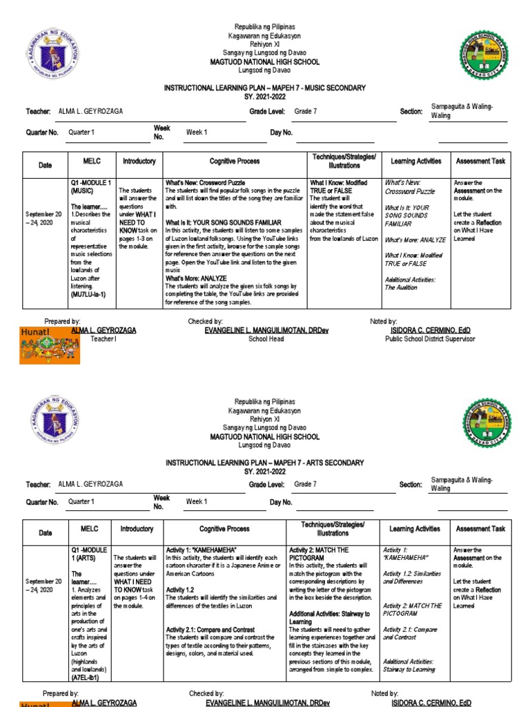 MAPEH 7 Instructional Learning Plan | PDF | Learning | Cognition