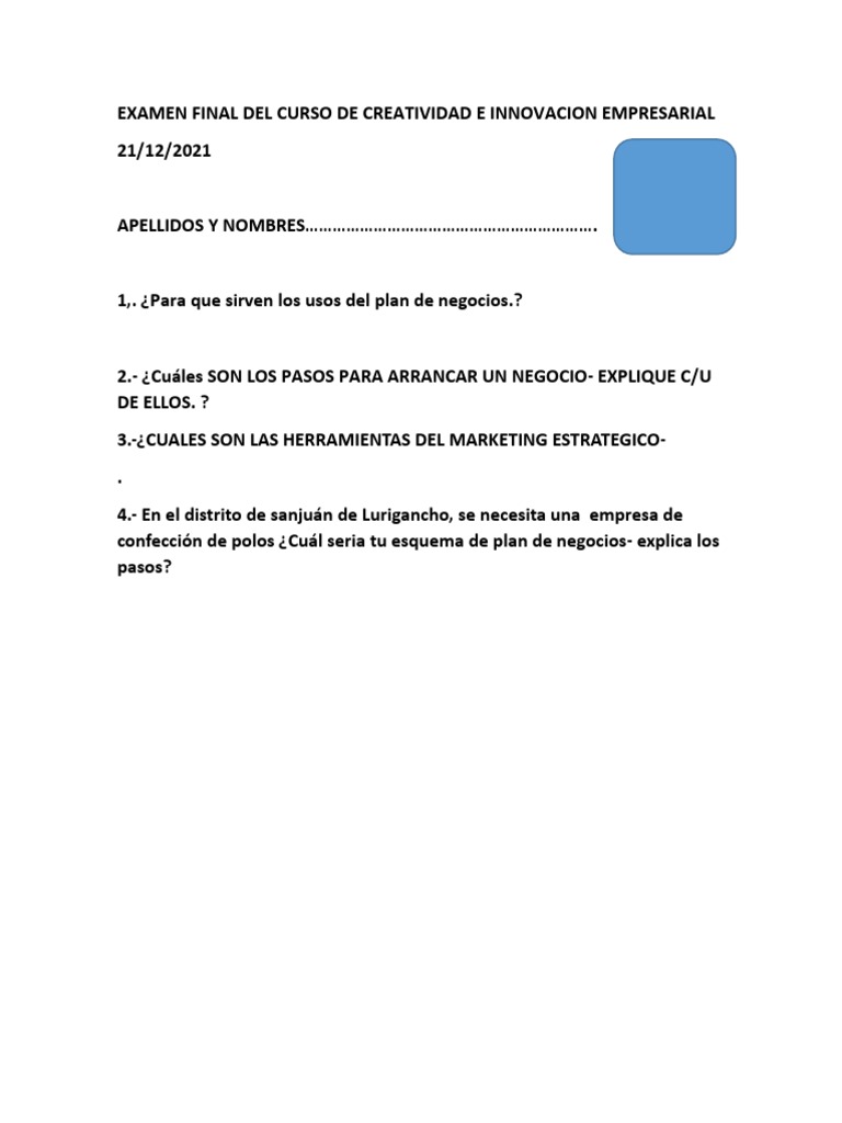 Examen Final Del Curso de Creatividad e Innovacion Empresarial | PDF