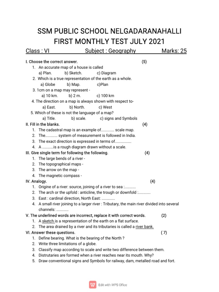 6th Geography Question PDF