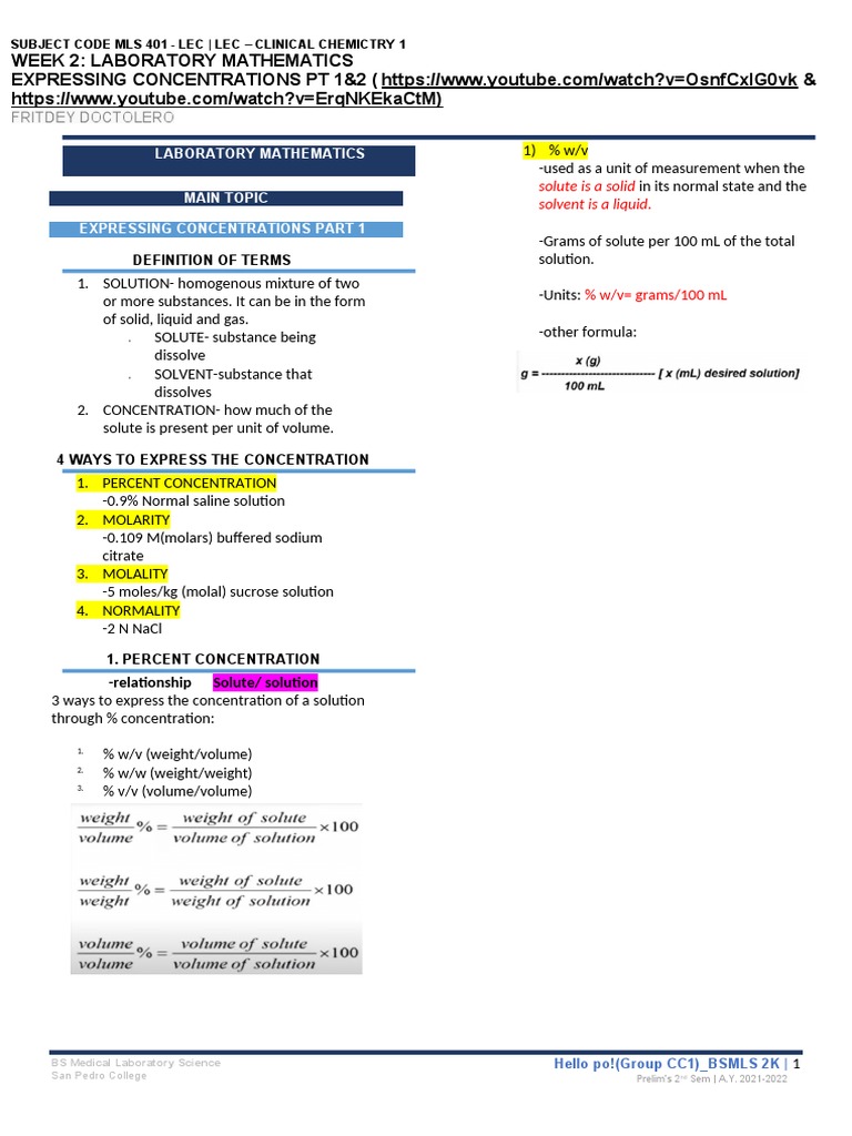 Week 2: Laboratory Mathematics Expressing Concentrations PT 1&2 ( | PDF ...