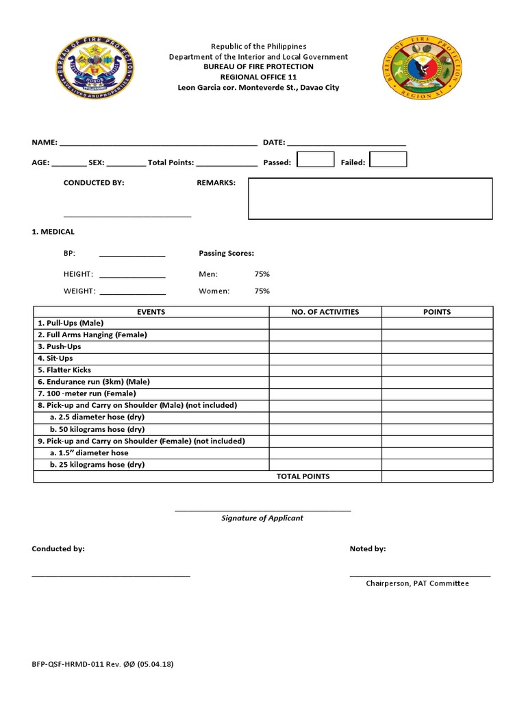 BFP PAT Passing Score Requirements | PDF