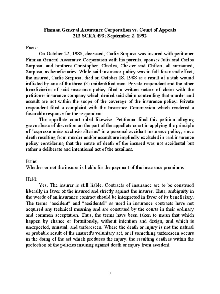 Finman General Assurance Corporation vs. Court of Appeals 213 SCRA 493 ...