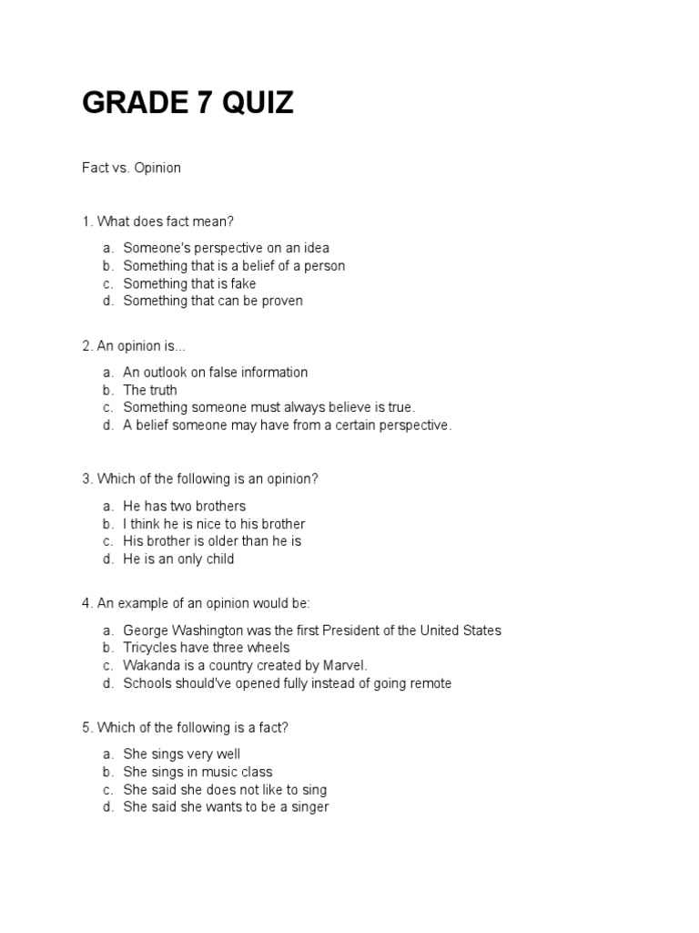 Grade 7 Quiz | PDF | Verb | Subject (Grammar)