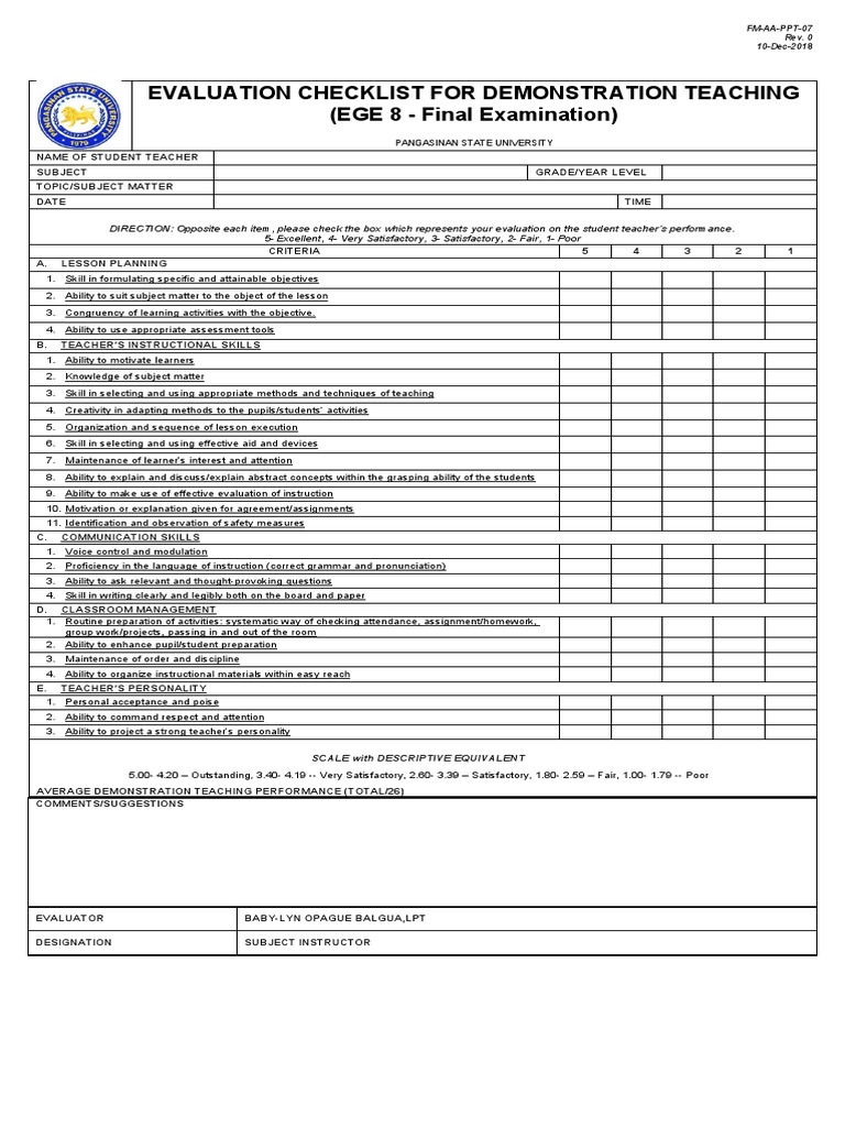 Evaluation Checklist for EGE 8 Teaching | PDF | Teachers | Educational ...
