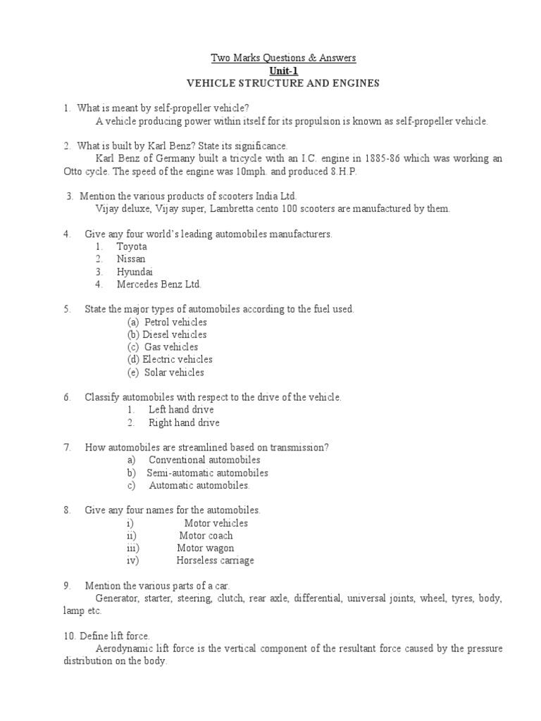 Vehicle Structure and Engines: Two Marks Questions & Answers | PDF ...