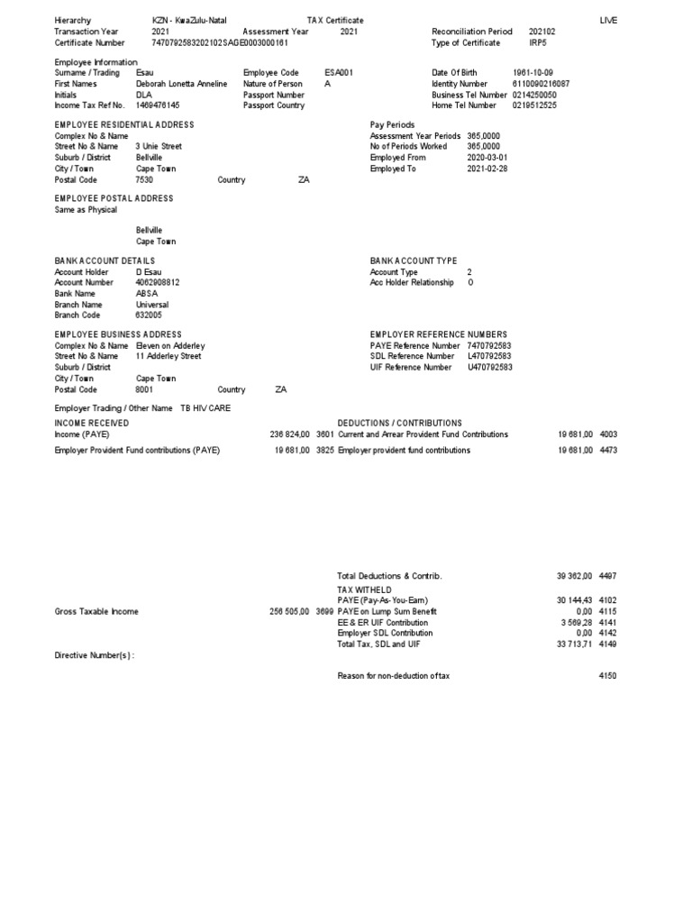 KZN 2021 IRP5 Tax Certificate Details | PDF | Economies | Taxes