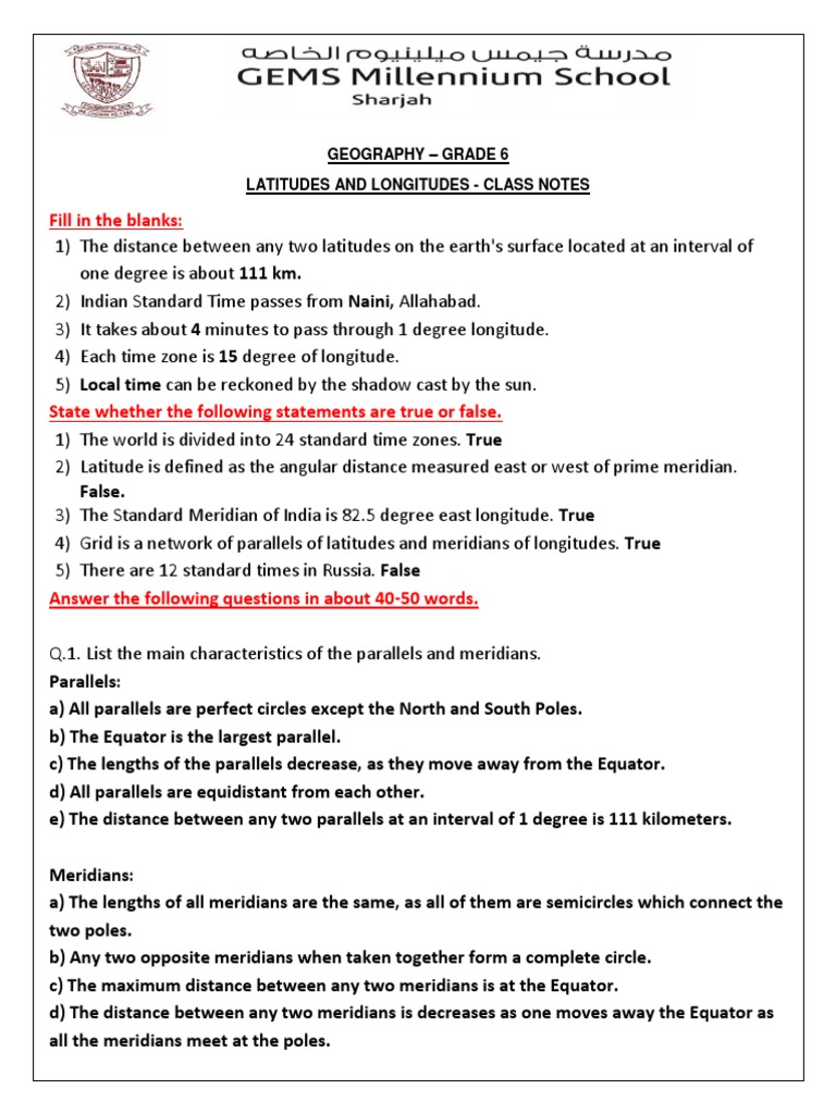 Class Notes Latitudes and Longitude | PDF | Longitude | Latitude