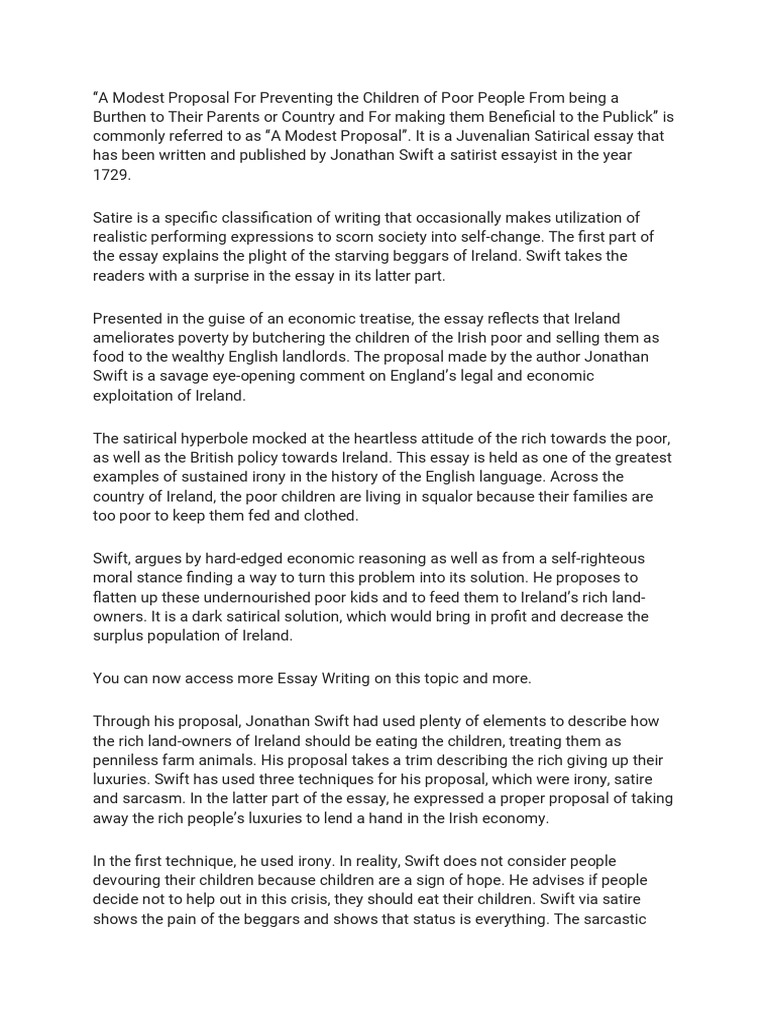 A Modest Proposal PDF Economies Satire