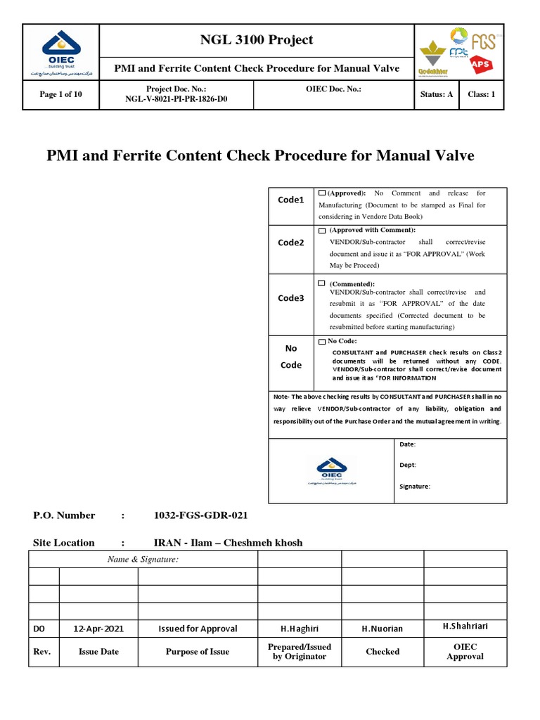 PMI and Ferrite Content Check Procedure For Manual Valve NGL 3100