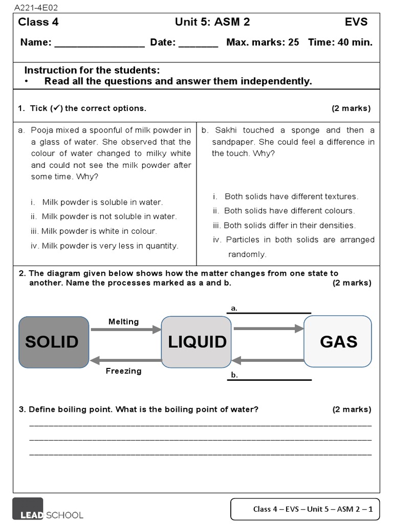 Solid Liquid GAS Class 4 Unit 5 ASM 2 EVS PDF Water Ice