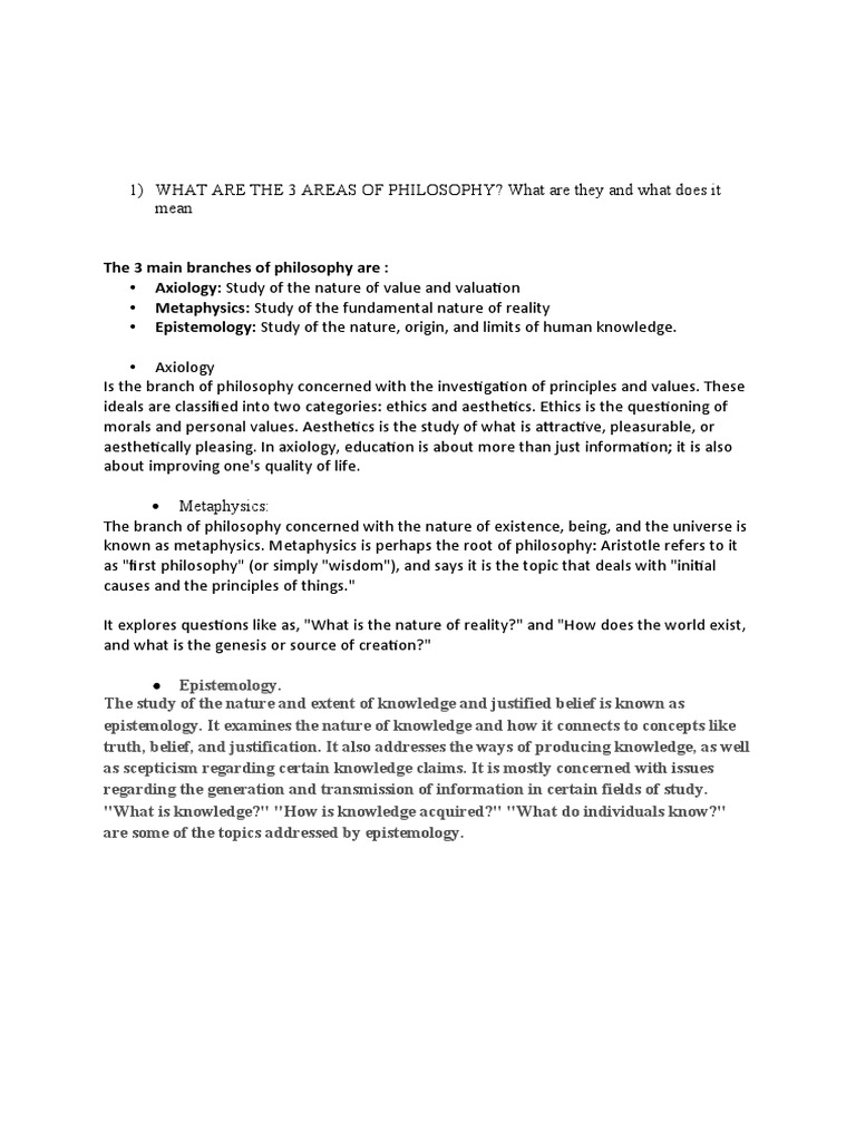 1 What Are The 3 Areas Of Philosophy PDF Epistemology Metaphysics