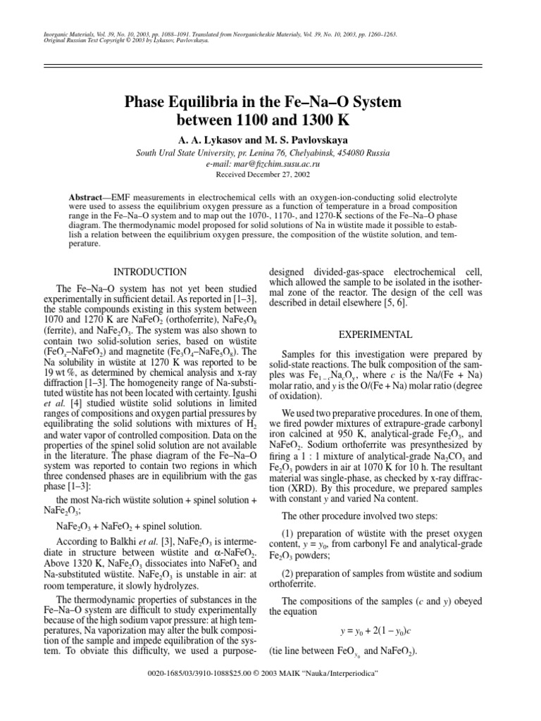 Phase Equilibria in The Fe-Na-O System Between 1100 1300 K | PDF ...