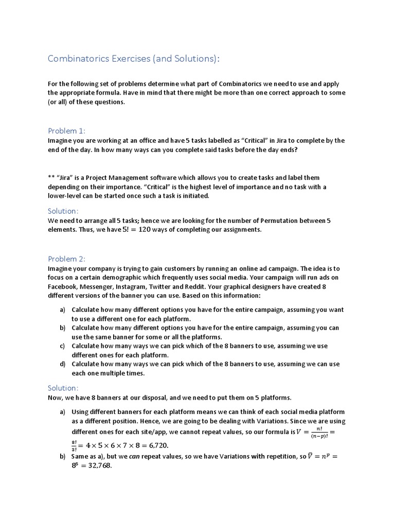 Additional Exercises Combinat or Ics Solutions | PDF | Aerobic Exercise ...