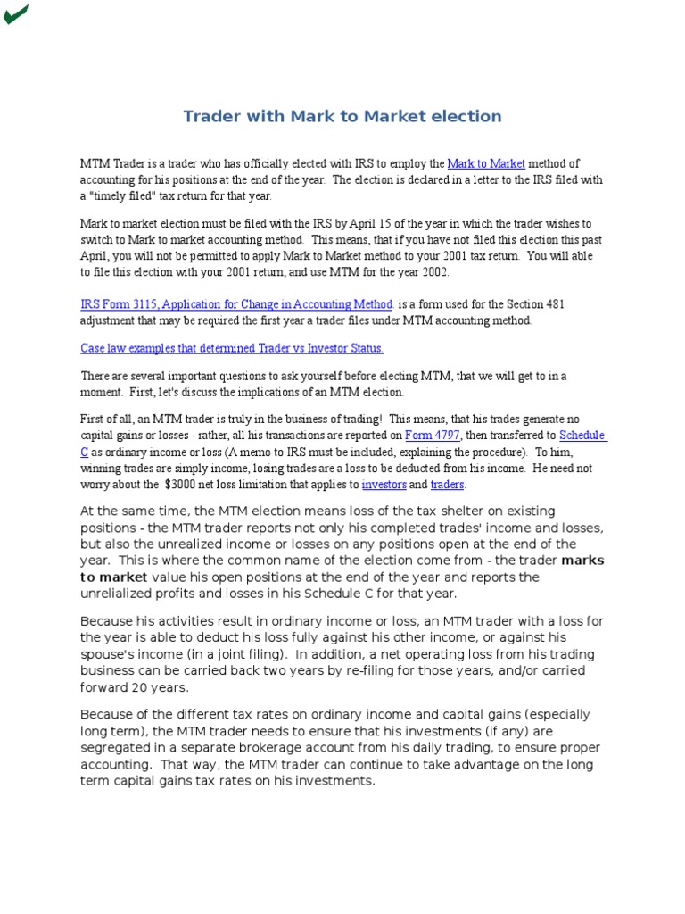 Trader With Mark To Market Election PDF Mark To Market Accounting