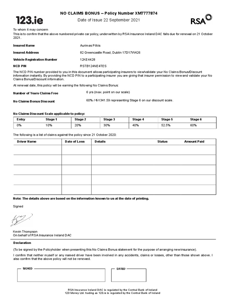 No Claims Bonus Certificate Details | PDF | Business | Finance & Money ...