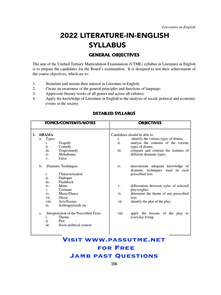 2022 literature in english syllabus for free jamb past questions pdf