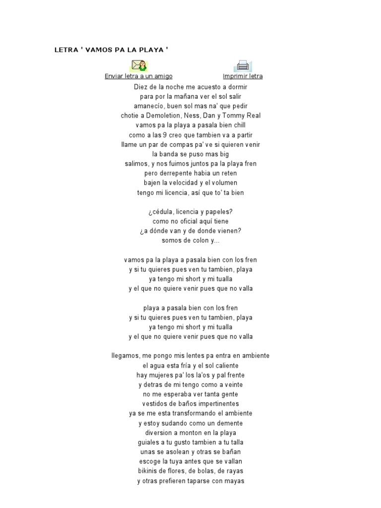 Canción De Vamos Pa La Playa Letra ' Vamos Pa La Playa ': Enviar letra a un amigo Imprimir letra | Ocio