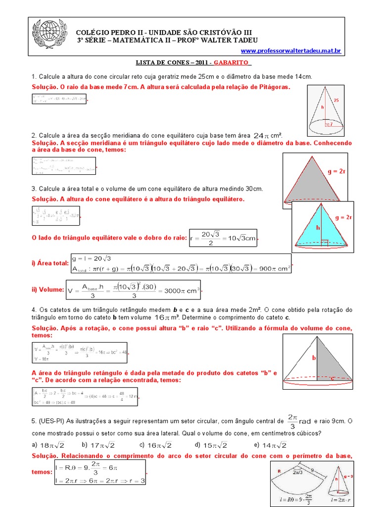 Lista de exercícios de geometria de cones: gabarito com soluções ...
