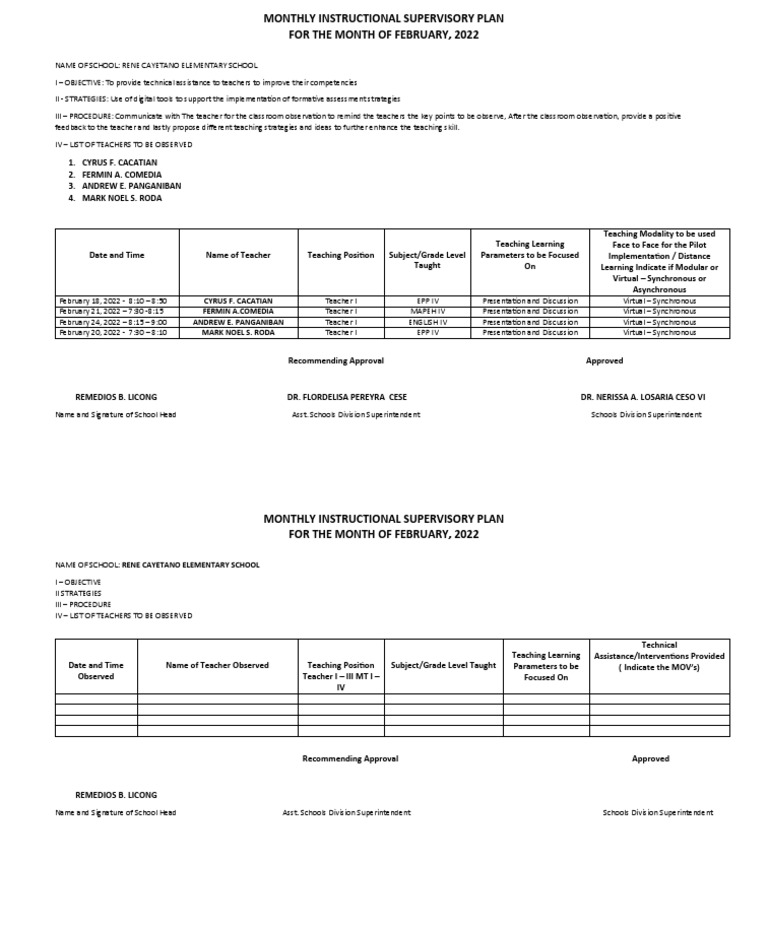 Monthly Instructional Supervisory Plan | PDF | Teachers | Educational ...